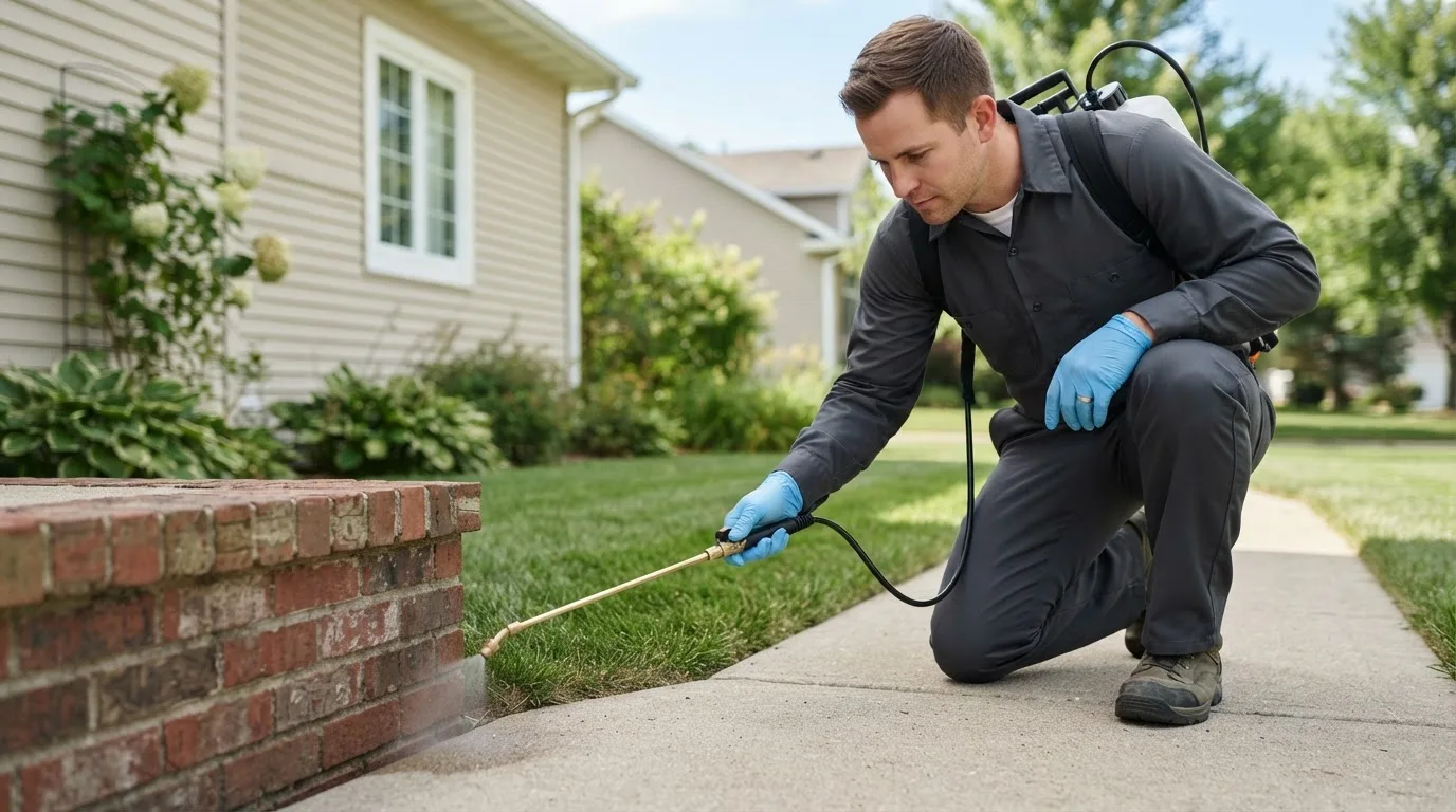 Pest control technician treating a home near Benedict, ND