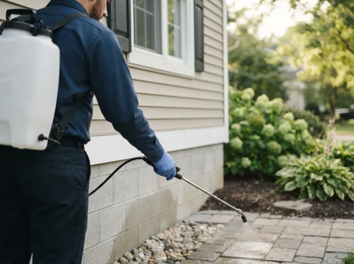 Pest control technician inspecting a home in Benedict, ND